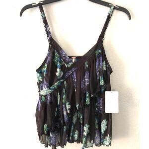 Free People Black Melbourne Ruffled Tiered Floral Lightweight Tank Top Camisole